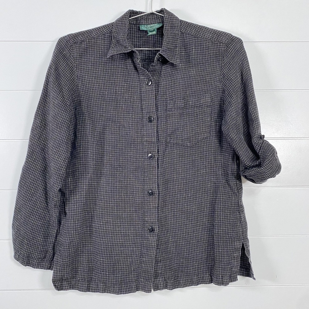 Lauren Ralph Lauren Shirt Womens 6P Black White Linen Button Front Roll Tab
